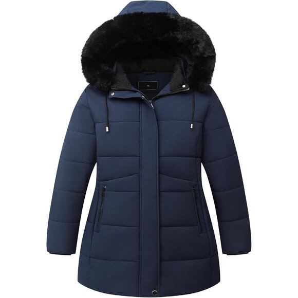 Women's Winter Warm Waterproof Dark Navy Down Detachable Hooded Jacket Coat